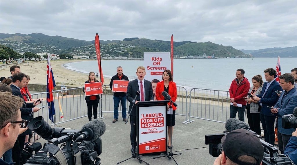 Labour Kids Off Screens policy announced by Chris Hipkins and Ginny Andersen in Petone