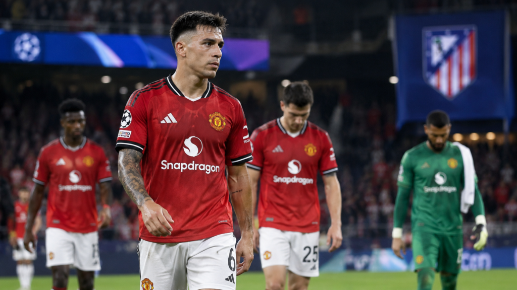 Manchester United players walking off the pitch after a Champions League match in Madrid