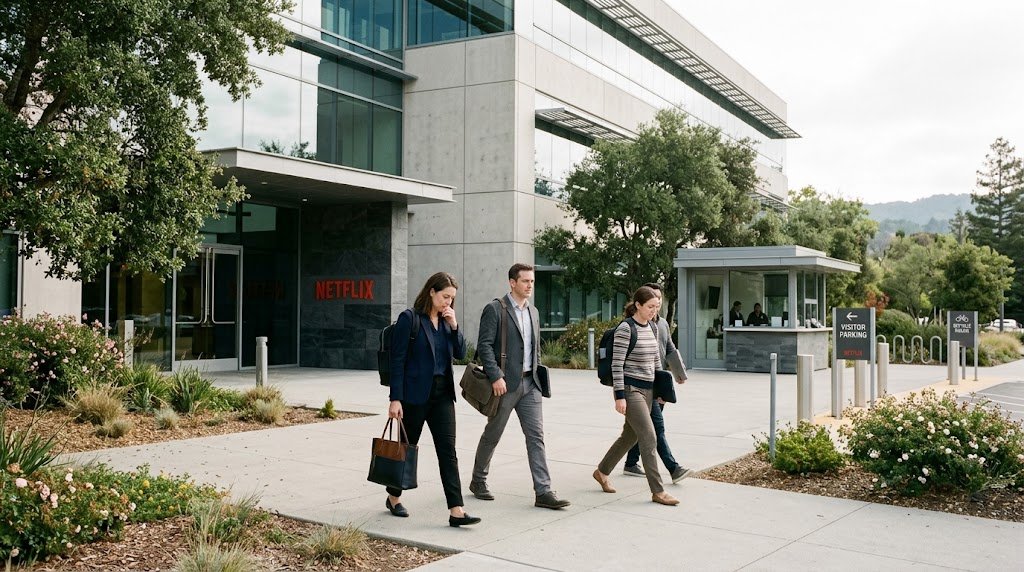 Netflix logo on a building illustrating the Netflix layoffs announcement