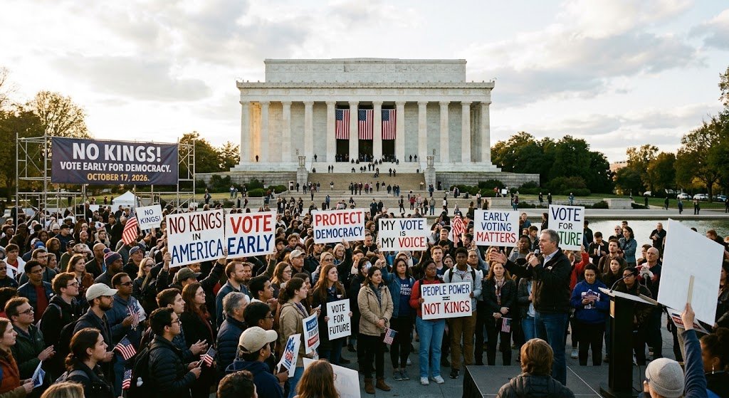 No Kings early voting rally near the Lincoln Memorial in Washington, D.C., October 17, 2026