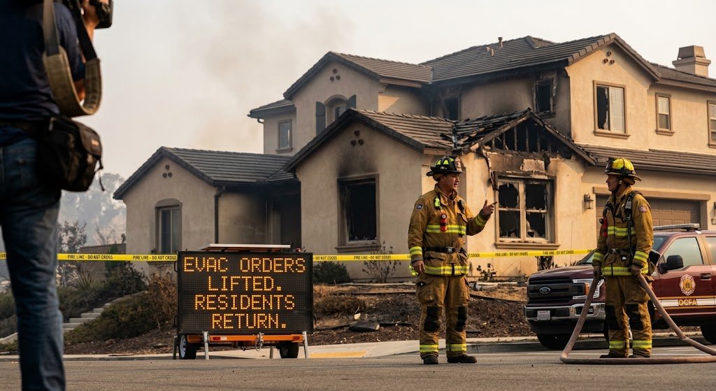 Norte Fire evacuation orders lifted: firefighters at a damaged home in San Juan Capistrano, October 17, 2026