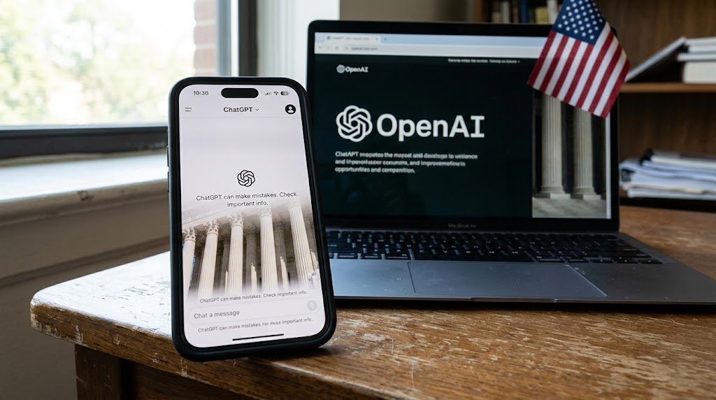 Illustration of scales of justice weighing a chatbot window against a child’s backpack, representing the OpenAI lawsuits filed by eight states