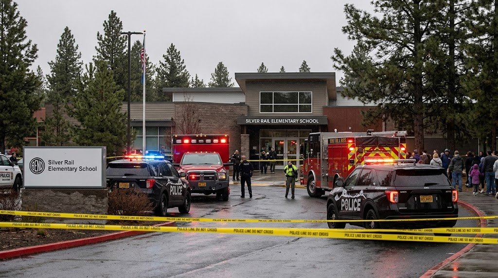 Police tape outside Silver Rail Elementary School during the Oregon school shooting response in Bend, October 15, 2026