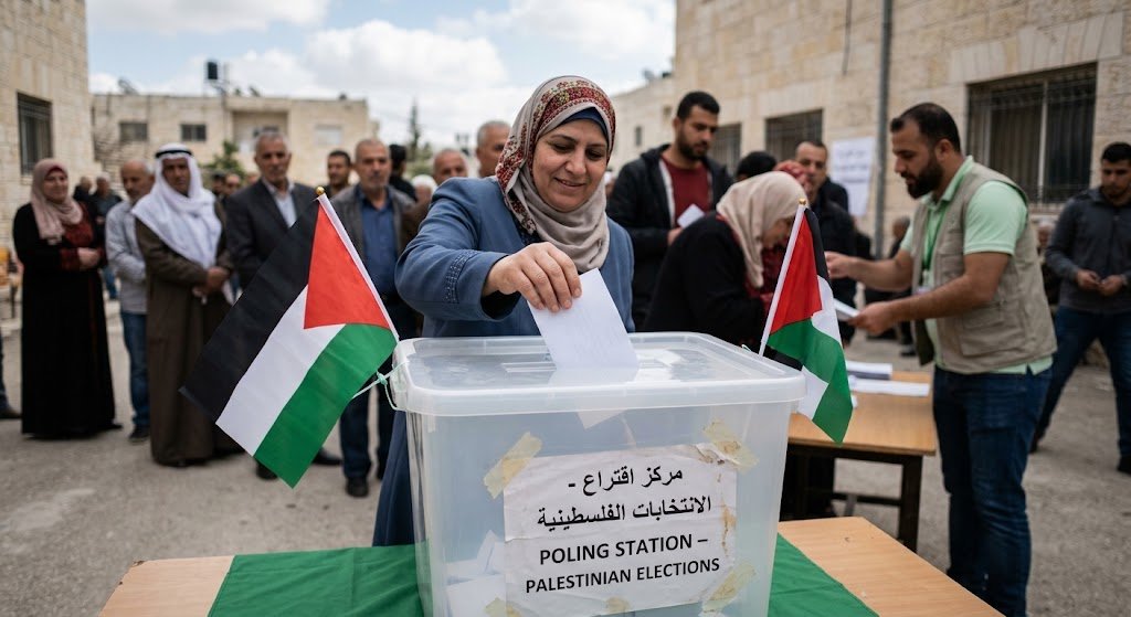 Illustration of a ballot box and a calendar for the Palestinian elections postponed to September 2027