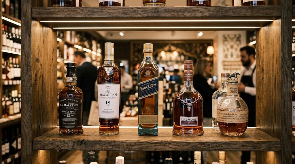 Premium spirits bottles on a retail shelf illustrating Pernod Ricard's quarterly sales update