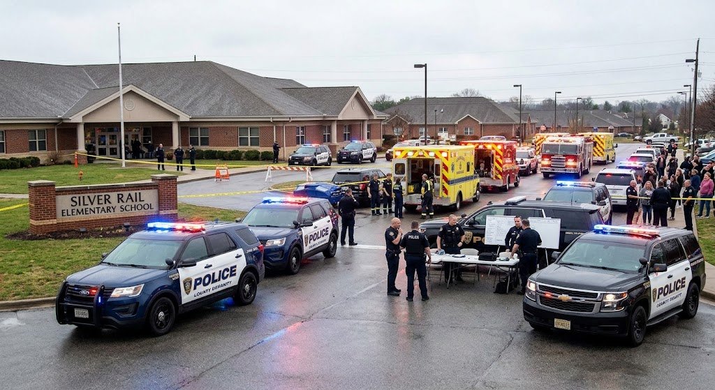 Police vehicles outside Silver Rail Elementary School during the Bend school shooting response