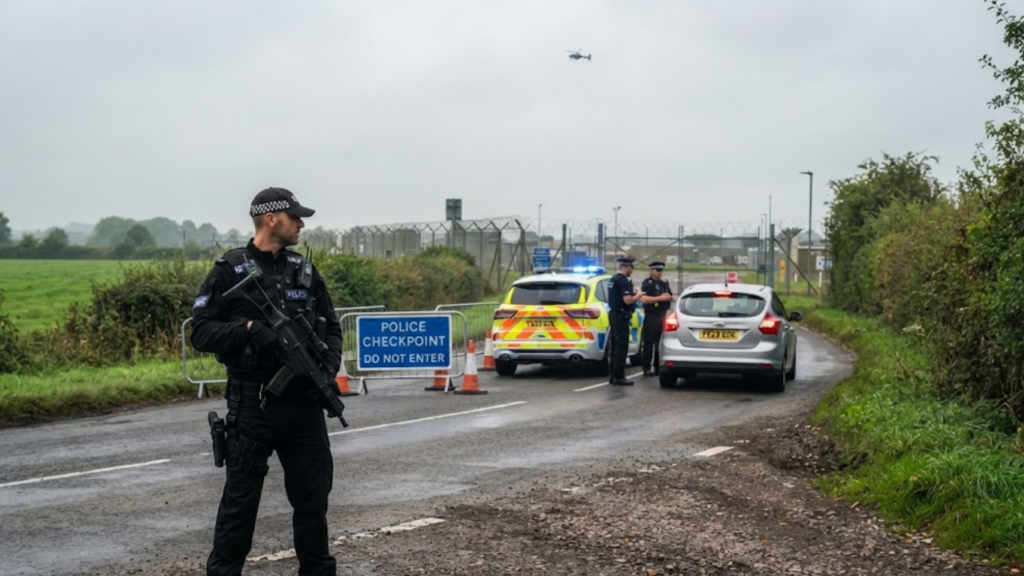 Armed police at a roadblock during the RAF Fairford investigation in Gloucestershire
