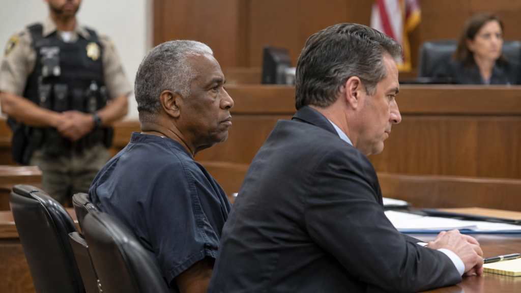 Illustrative courtroom scene accompanying a report on Duane Davis's sentencing in the Tupac Shakur murder case