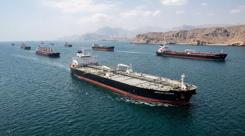 Oil tankers at anchor at sea during Strait of Hormuz talks coverage