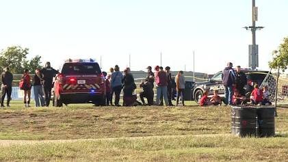 Police vehicles and emergency response team outside the Stryker Sports Complex in Wichita, Kansas after a truck drove onto a soccer field