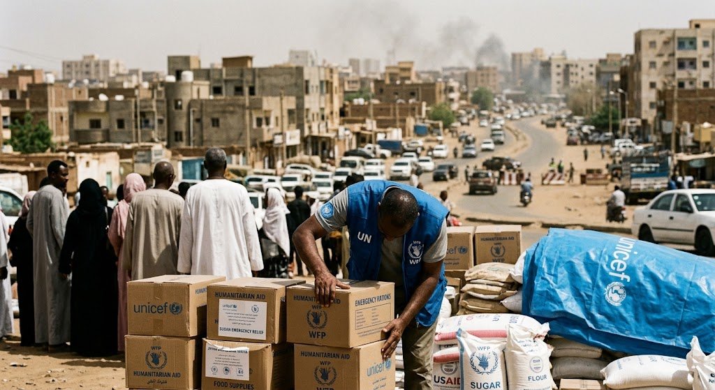 Civilians walking past damaged buildings in Sudan