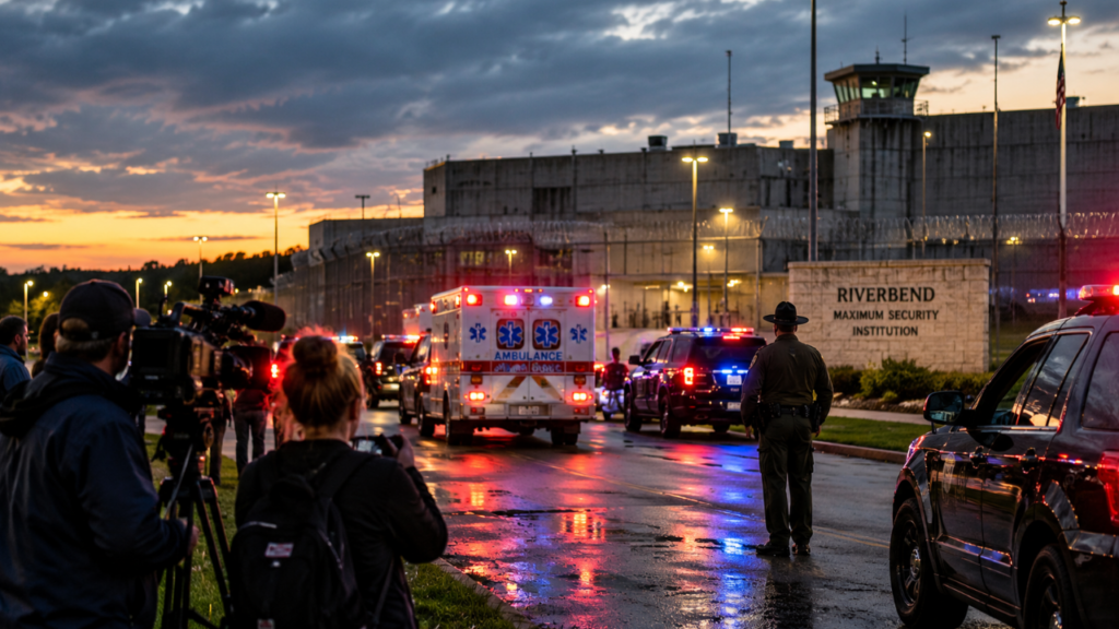 Emergency vehicles outside Riverbend Maximum Security Institution after the Christa Pike execution attempt