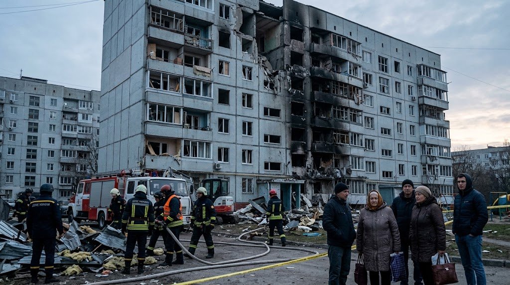 Ukraine power outage leaves residential buildings dark at dusk
