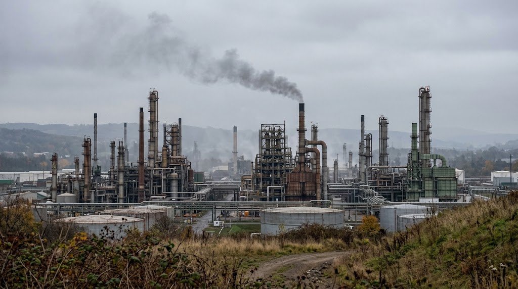 Oil refinery infrastructure with smoke rising after a reported drone attack