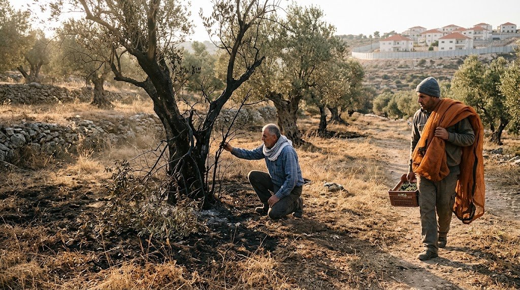 Palestinian farmer examining damaged olive trees in a West Bank grove